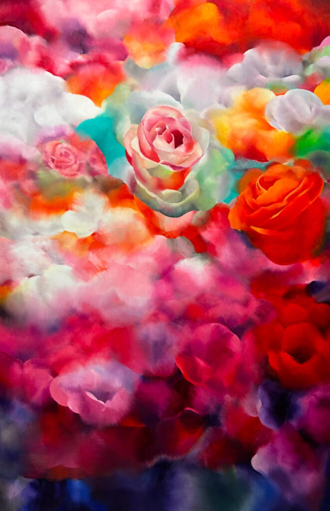 Tanzende Rubine und Diamanten, 200 cm x 130 cm, Öl auf Leinwand, 2024